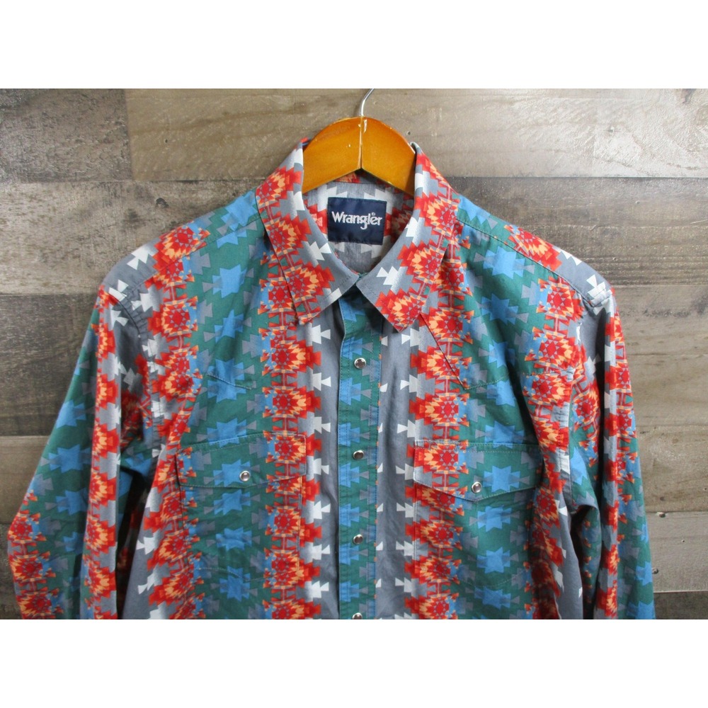 Wrangler Shirt Mens Medium Gray Aztec Western Pearl Snap Colorful Cowboy Rodeo